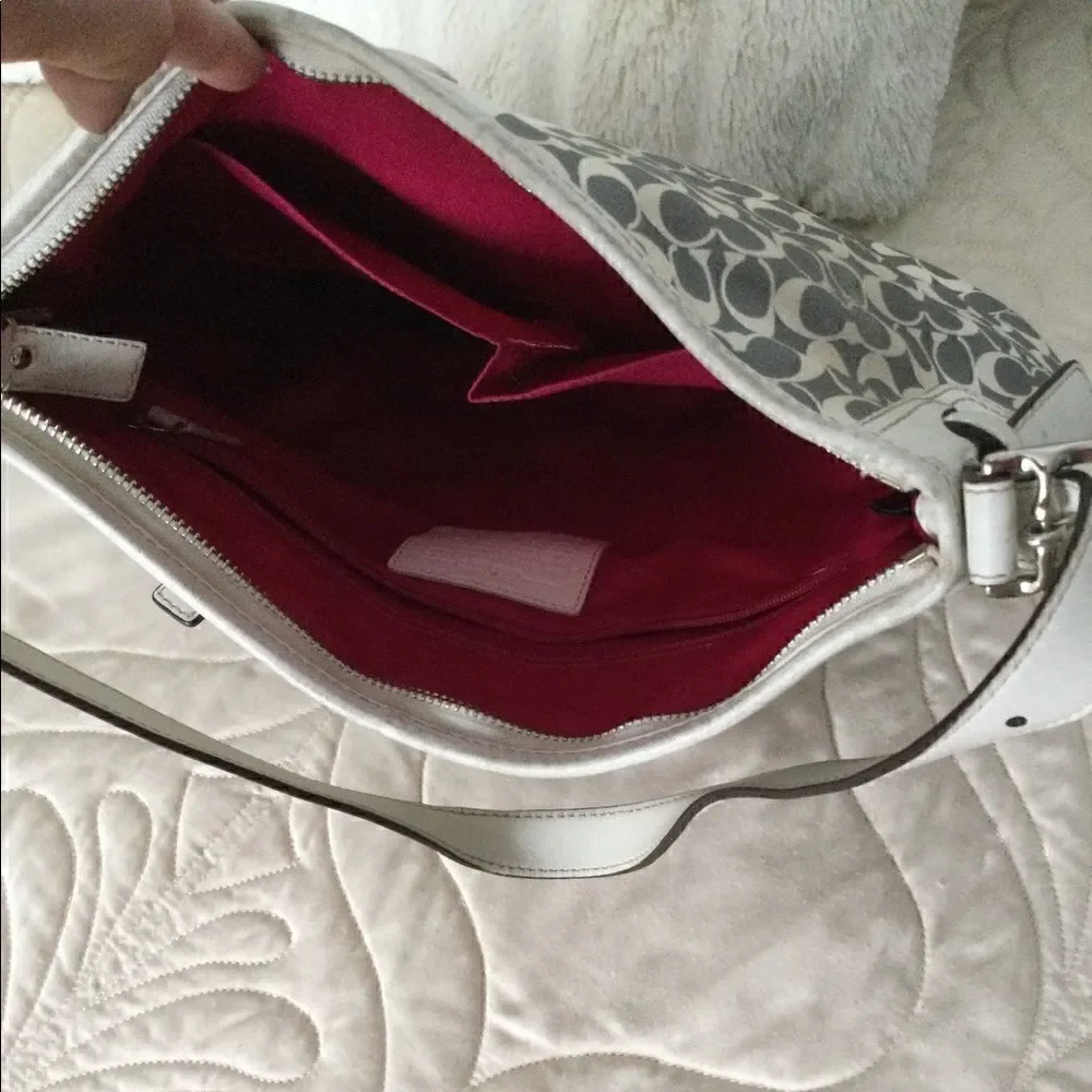 Coach bag, pink, gray, logo and stripe